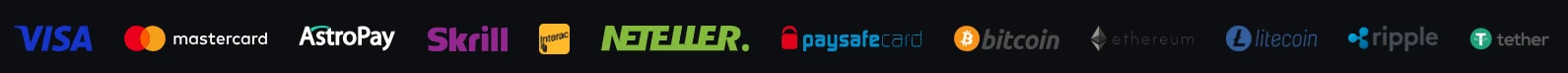 Accepted payment methods: Visa, Mastercard, AstroPay, Skrill, Neteller, Paysafecard, Bitcoin, Ethereum, Litecoin, Ripple, Tether